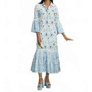 NEW VERANDAH linen midi shirt dress in blue mono floral